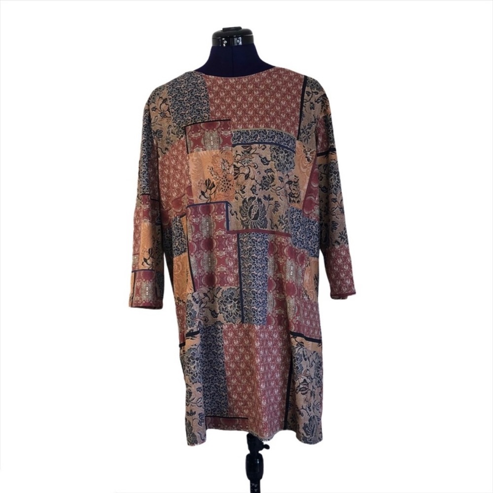 Mely New York Beige Red Floral Tapestry Patchwork Patterned Boho Dress